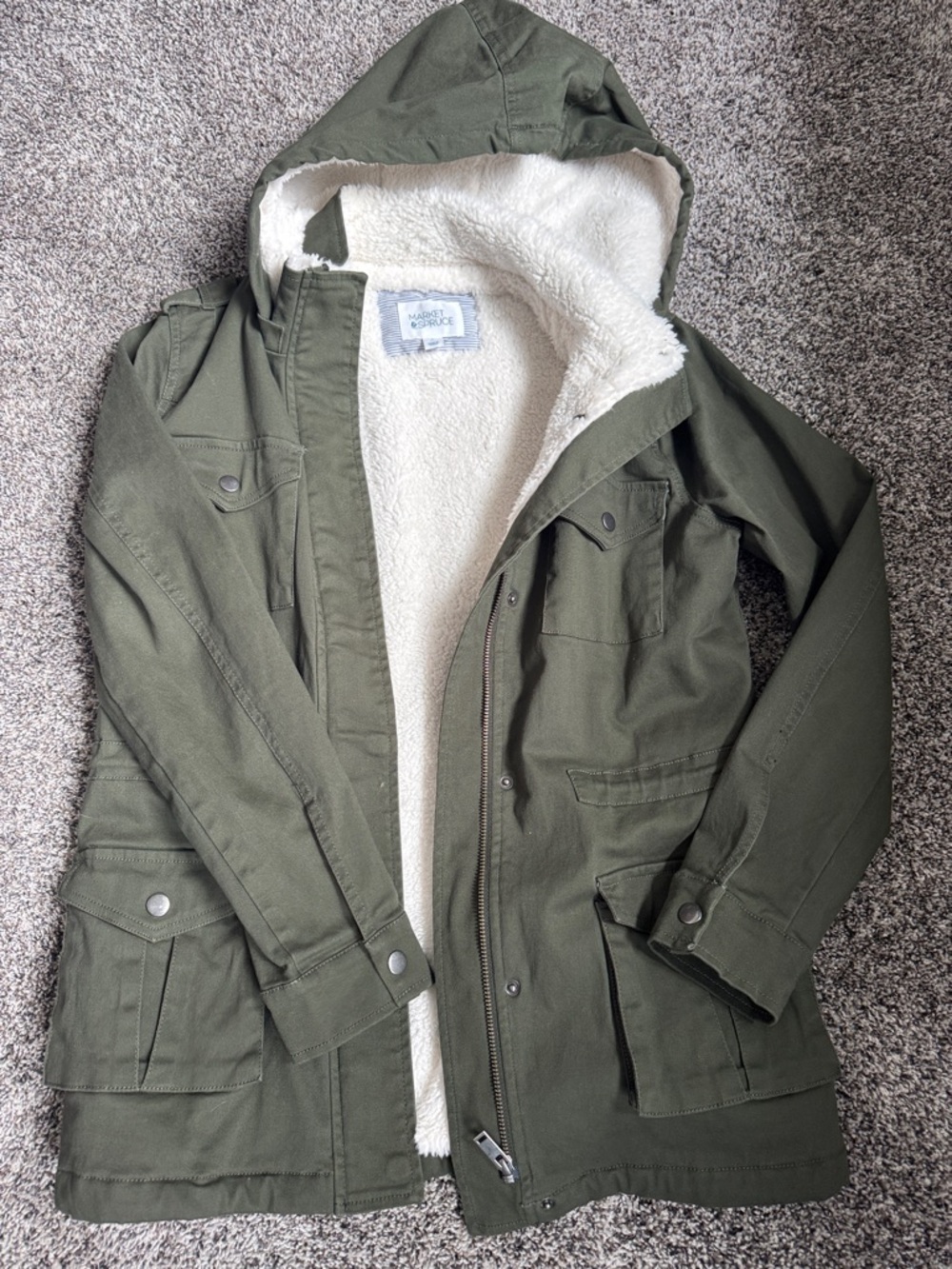 Market & Spruce Olive Utility Jacket with White Sherpa Hood